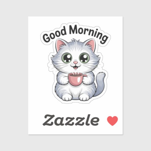 Cute Cat with Coffee “Good Morning” Sticker (Vel)