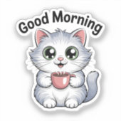 Cute Cat with Coffee “Good Morning” Sticker (Voorkant)