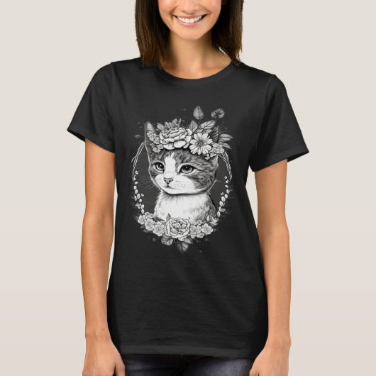 Cute Cat with Floral Headband Cat Mom T-shirt (Voorkant)