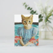 Cute Cat With Goldfish Retro Collage Briefkaart (Staand voorkant)