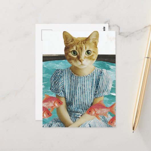Cute Cat With Goldfish Retro Collage Briefkaart (Voorkant / Achterkant in situ)