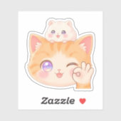 Cute Cat with Hamster on Head - OK Sign Sticker (Vel)