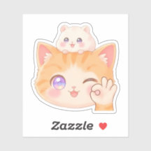Cute Cat with Hamster on Head - OK Sign Sticker