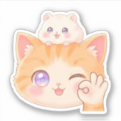 Cute Cat with Hamster on Head - OK Sign Sticker (Voorkant)