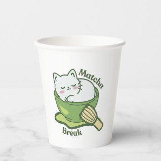  Cute cat with matcha drink Papieren Bekers