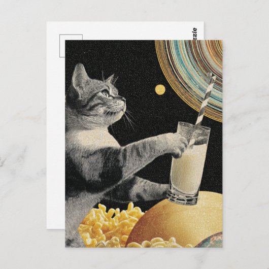 Cute Cat With Milk in Space Briefkaart (Voorkant / Achterkant)