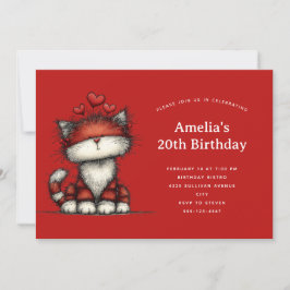Cute Cat with Red Love Hearts Birthday Kaart