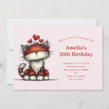 Cute Cat with Red Love Hearts Birthday