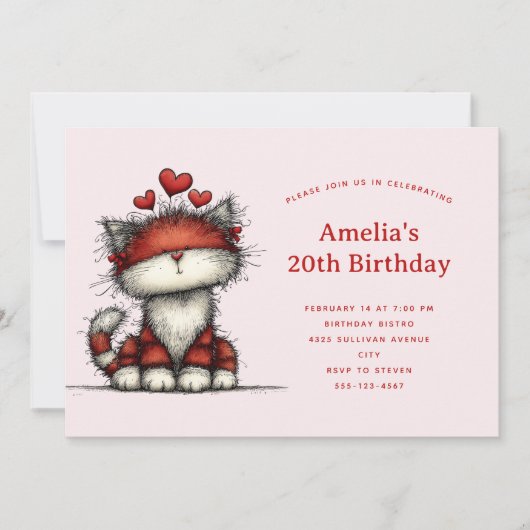 Cute Cat with Red Love Hearts Birthday Kaart (Voorkant)