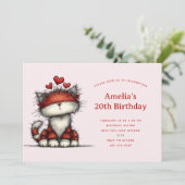 Cute Cat with Red Love Hearts Birthday Kaart (Staand voorkant)
