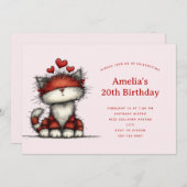 Cute Cat with Red Love Hearts Birthday Kaart (Voorkant / Achterkant)