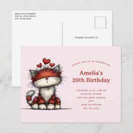 Cute Cat with Red Love Hearts Birthday Uitnodiging Briefkaart