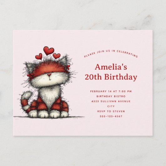 Cute Cat with Red Love Hearts Birthday Uitnodiging Briefkaart (Voorkant)