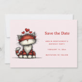 Cute Cat with Red Love Hearts Save The Date (Voorkant)