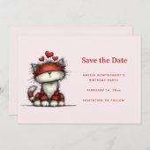 Cute Cat with Red Love Hearts Save The Date (Voorkant / Achterkant)