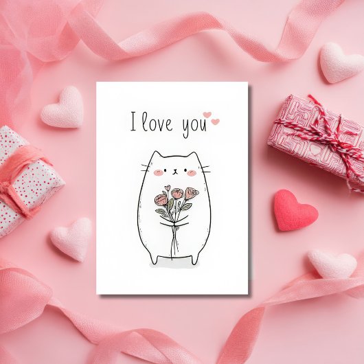 Cute Cat with Roses Valentine`s Day Card  Kaart