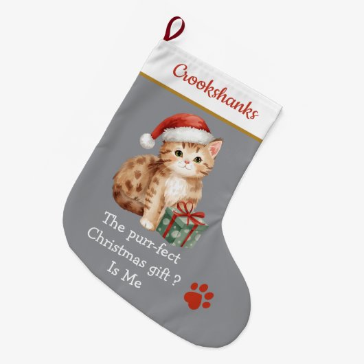 Cute Cat with Santa Hat Christmas Stocking – Funny Grote Kerstsok (Voorkant (Hangend))