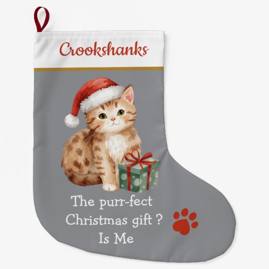 Cute Cat with Santa Hat Christmas Stocking – Funny Grote Kerstsok (Voorkant)