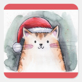 Cute Cat with Santa Hat Square Stickers (Voorkant)