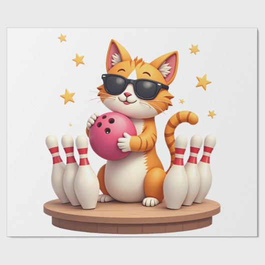Cute Cat With Sunglasses Cat Playing Bowling For m Cadeaupapier (Vlak)