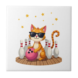 Cute Cat With Sunglasses Cat Playing Bowling For m Tegeltje