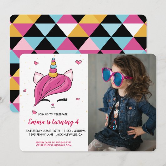 Cute Caticorn Face | Foto uitnodiging op zaterdag (Voorkant / Achterkant)