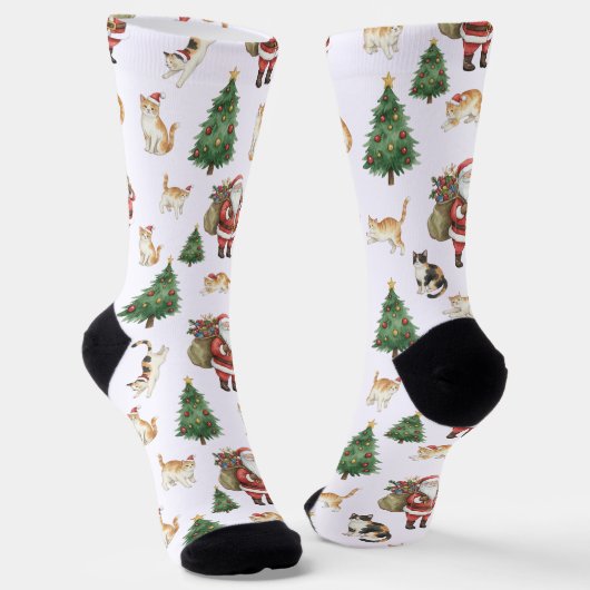 Cute Cats and Christmas Trees Pattern Socks  Sokken (Gebogen)