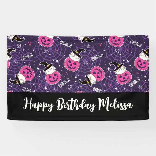 Cute Cats and Pumpkins Halloween Pattern Birthday Spandoek (Horizontaal)