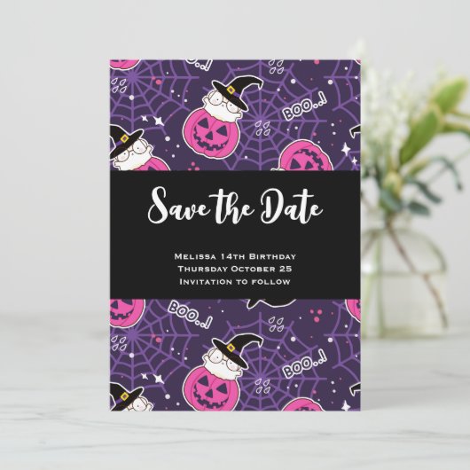 Cute Cats and Pumpkins Halloween Pattern Save The Date (Staand voorkant)