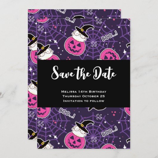Cute Cats and Pumpkins Halloween Pattern Save The Date (Voorkant / Achterkant)
