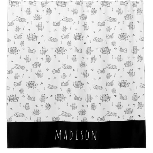 Cute Cats Black en White Doodle Pattern Douchegordijn (Voorkant)