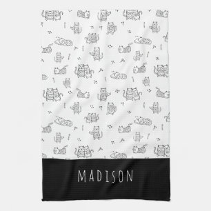 Cute Cats Black en White Doodle Pattern Theedoek