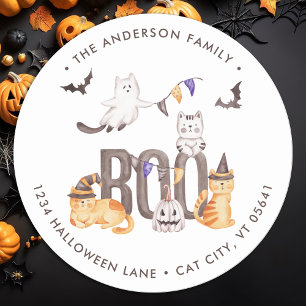 Cute Cats Boo Ghost Happy Halloween Return Address Ronde Sticker