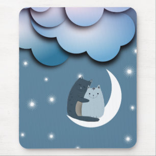Cute Cats Cuddling on the Moon Art Muismat