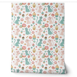 Cute Cats & Cupcakes Patroon - Kawaii Kitten Kunst Behang
