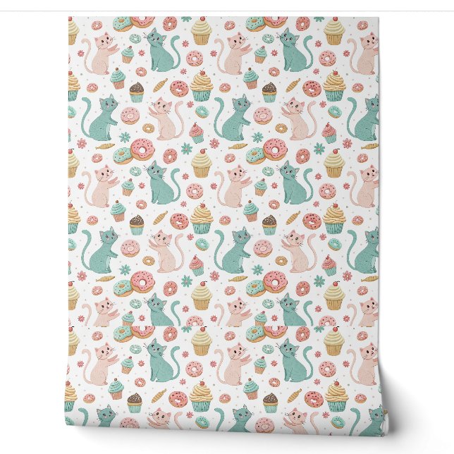 Cute Cats & Cupcakes Patroon - Kawaii Kitten Kunst Behang (Afrollen)