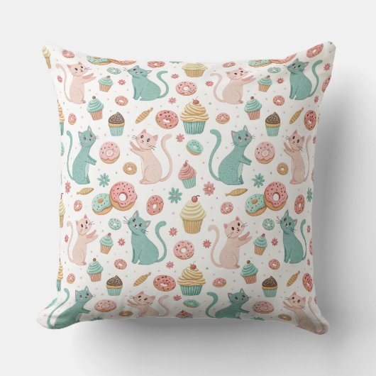 Cute Cats & Cupcakes Patroon - Kawaii Kitten Kunst Kussen (Voorkant)