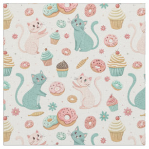 Cute Cats & Cupcakes Patroon - Kawaii Kitten Kunst Stof