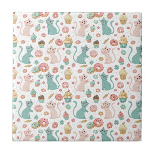 Cute Cats & Cupcakes Patroon - Kawaii Kitten Kunst Tegeltje