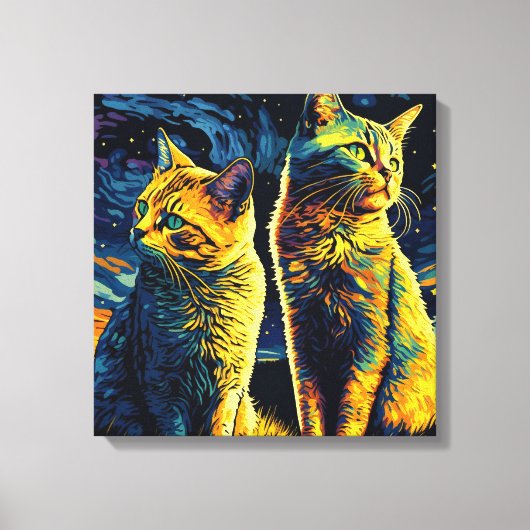 Cute Cats die de Dageraad met een sterrenhemel bez Canvas Afdruk (Voorkant)