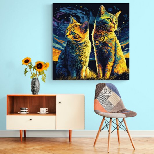 Cute Cats die de Dageraad met een sterrenhemel bez Canvas Afdruk