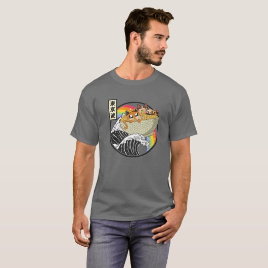 Cute Cats Eating Ramen Kanagawa Wave Kawaii Anime T-shirt (Voorkant volledig)