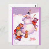 Cute Cats & Fabulous Snowman Paars copy Briefkaart (Voorkant / Achterkant)
