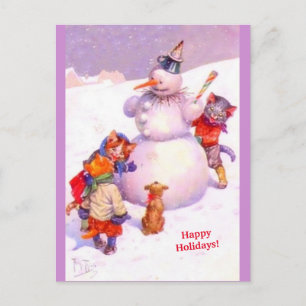 Cute Cats & Fabulous Snowman Paars  copy Briefkaart