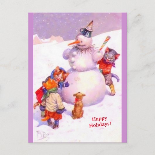 Cute Cats & Fabulous Snowman Paars copy Briefkaart (Voorkant)