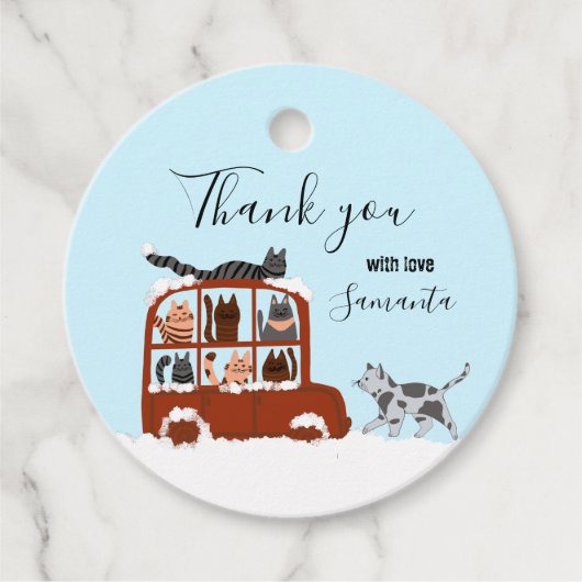 Cute Cats in car Winter Birthday Baby Gift Bedankjes Labels (Voorkant)