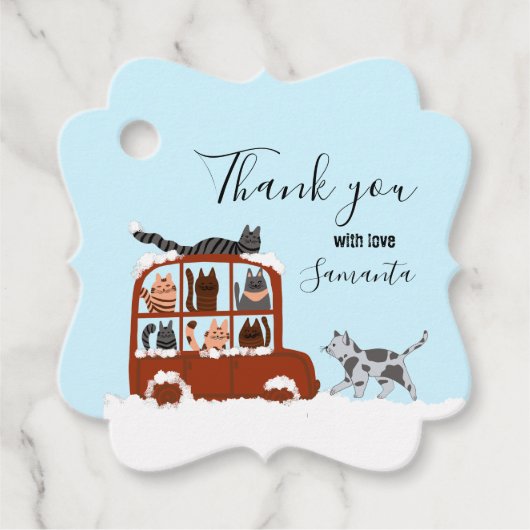 Cute Cats in car Winter Birthday Baby Gift Bedankjes Labels (Voorkant)