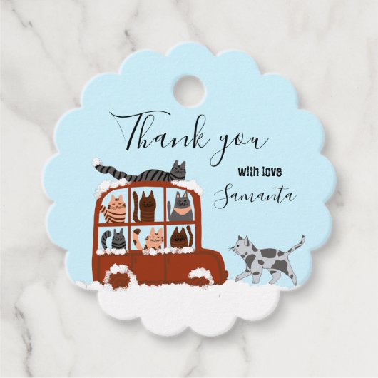 Cute Cats in car Winter Birthday Baby Gift Bedankjes Labels (Voorkant)