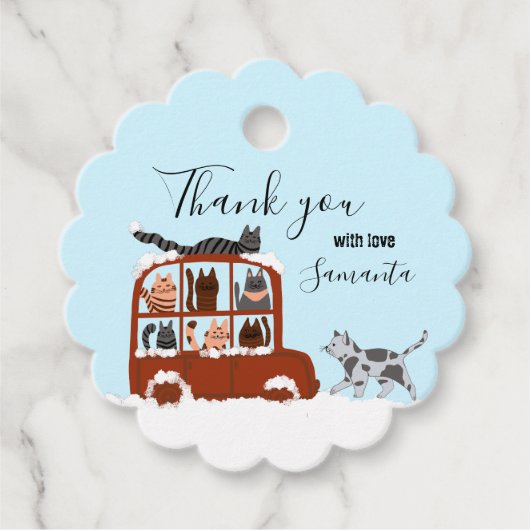 Cute Cats in car Winter Birthday Baby Gift Bedankjes Labels (Voorkant)