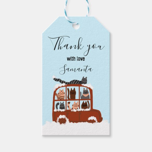 Cute Cats in car Winter Birthday Baby Gift Cadeaulabel (Voorkant)